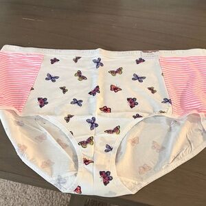 Cacique White Briefs with Multicolor Butterfly Print and Pink Striped Sides